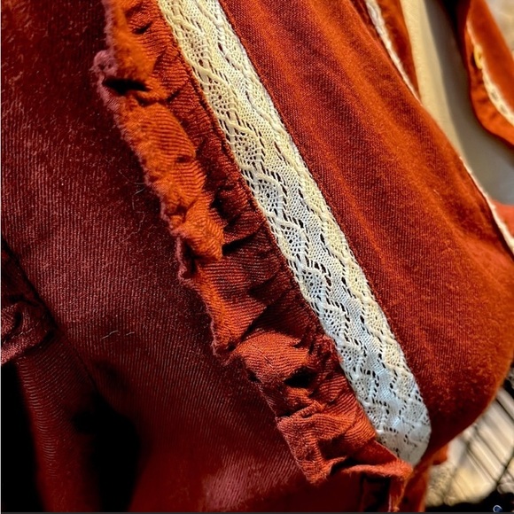 Bohme | Brown Pheasant Lace Lined Ruffled MIDI Dress Bib Style Front Hippie Wear - Picture 4 of 5